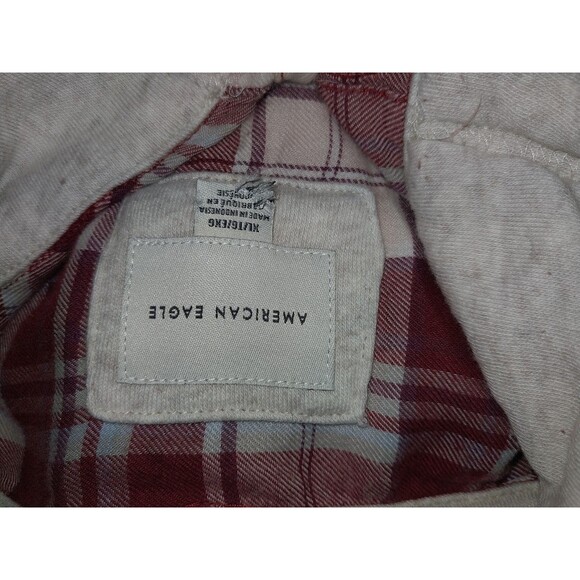 American Eagle Women Top XL Red Plaid Flannel Hooded Distressed Cropped - Picture 5 of 7